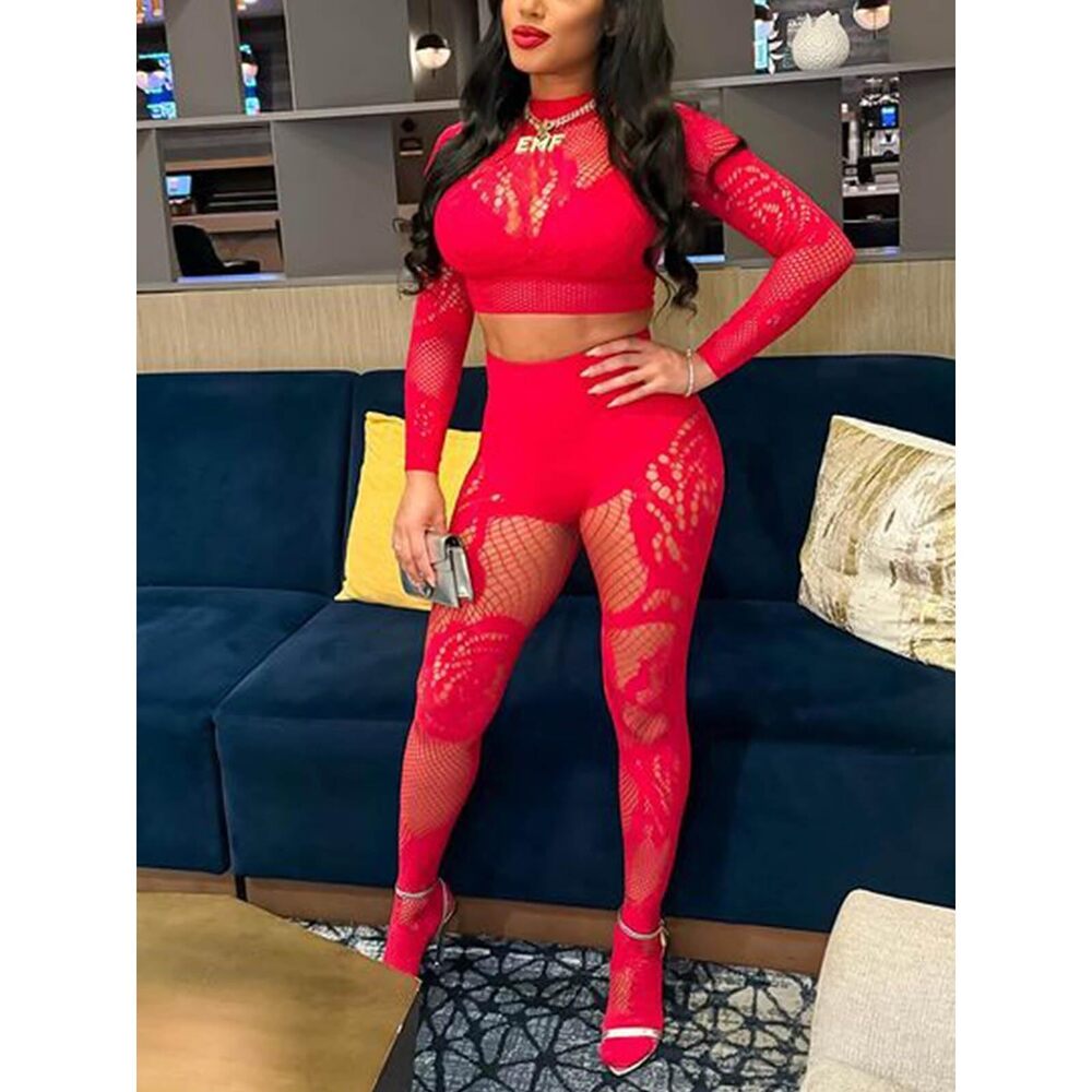 9514 Sexy Fishnet Seamless 2 Piece Outfits Mock Neck Long Sleeve Crop Top - Picture 4 of 6